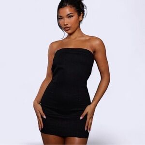 Black strapless denim mini dress
